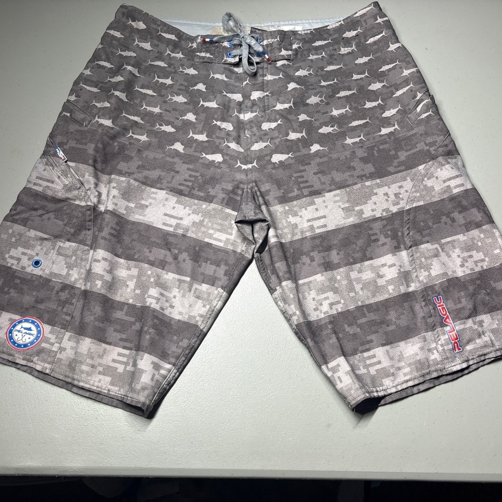 Pelagic Board Shorts Mens 34 Gray Sharkskin Fish Print Swim Trunks Fishing